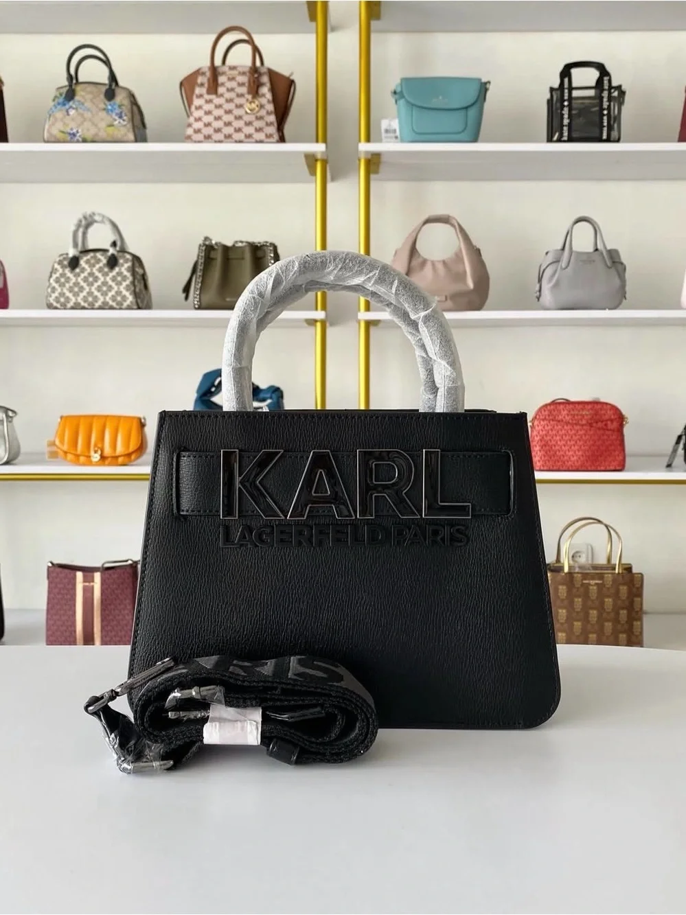 Karl Lagerfeld Black Simon Embossed Logo Harlow Leather Top-Handle Satchel
